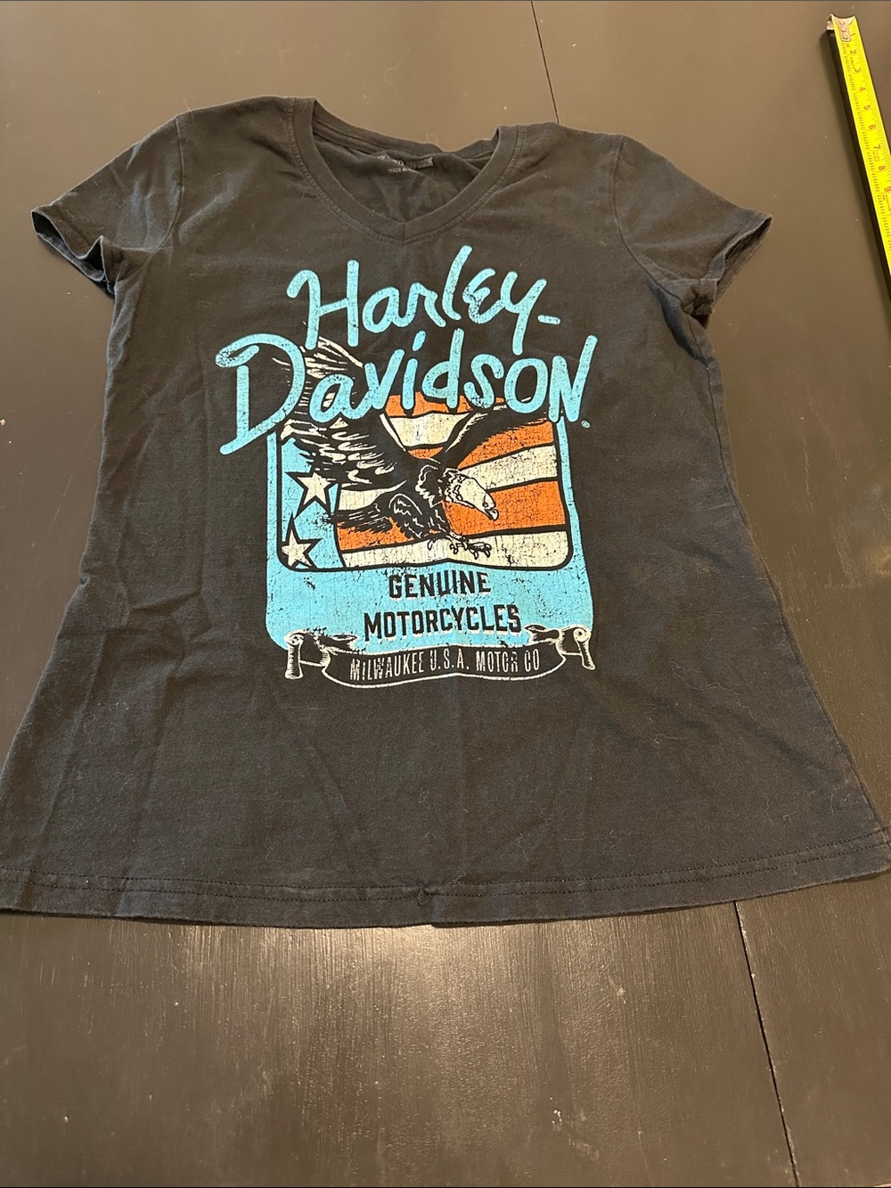 Harley-Davidson Black Tee with Turquoise, Red and Cream Eagle Graphic